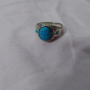 Silver Turquoise Stones Ring With Engraving